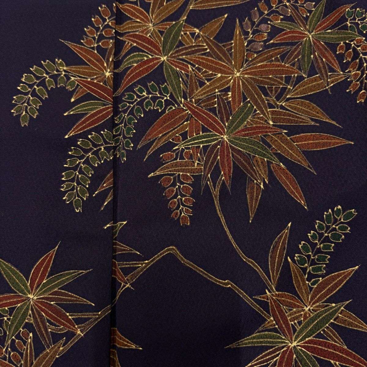 付下 身長157.5cm 袖長64.5cm M 雙層 草花紋紋 金彩裝飾 刺繡 深藍 純蠶絲 優品級