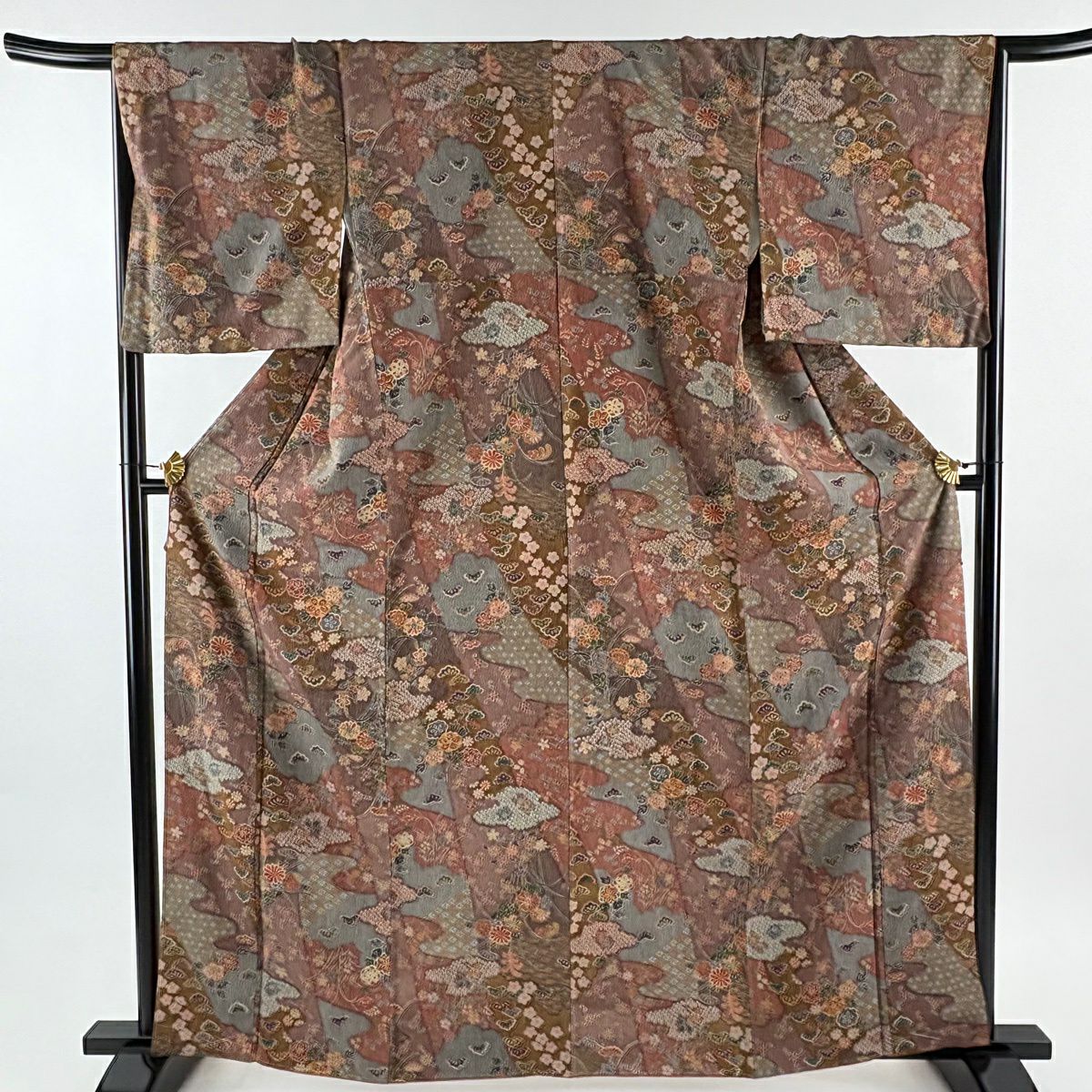 【美品】 小紋 身長163cm 袖長67cm M 雙層 大和 草花紋紋 霞 金銀彩 縮緬 小豆 純蠶絲 優品級