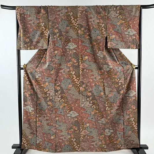 【美品】 小紋 身長163cm 袖長67cm M 雙層 大和 草花紋紋 霞 金銀彩 縮緬 小豆 純蠶絲 優品級