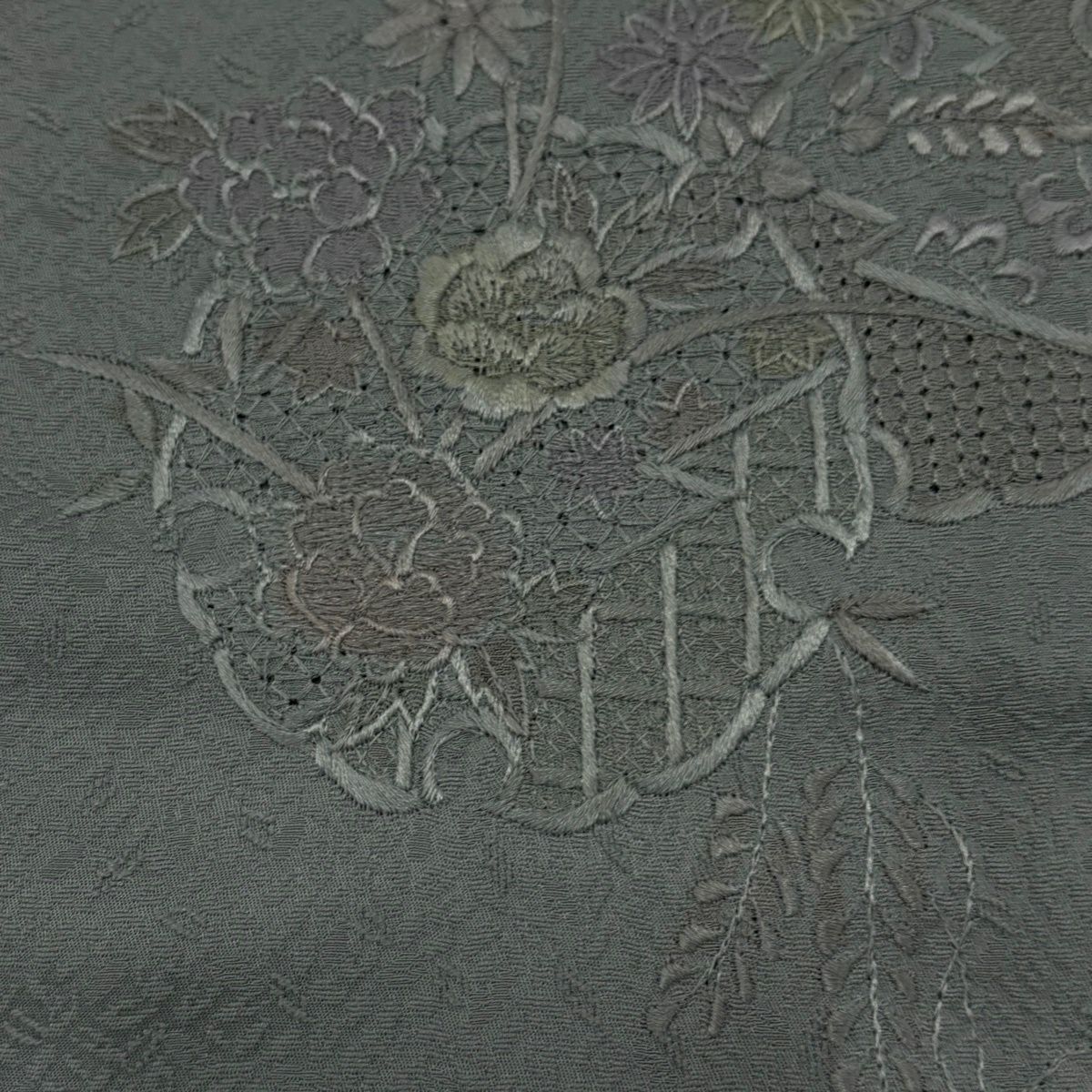 付下 身長150.5cm 袖長62.5cm S 雙層 雪輪 草花紋紋 刺繡 青灰 純蠶絲 優品級