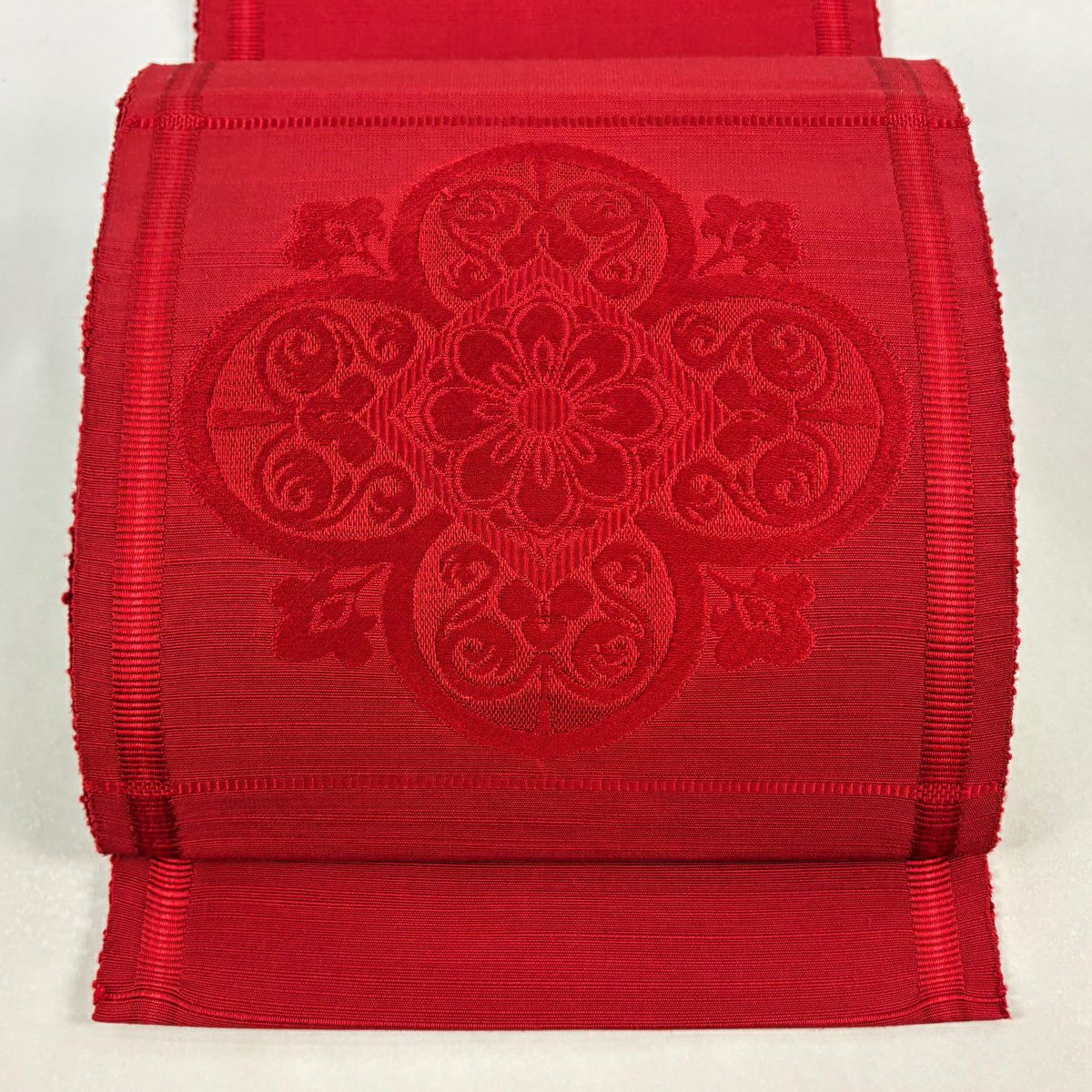 【美品】名古屋帶 優品級 松樹葉仕立 八寸名古屋帶 紬織織 華紋 縞 金糸 紅 純蠶絲