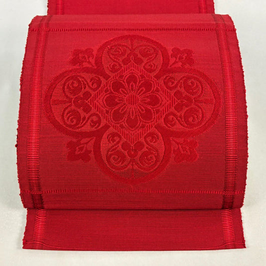 【美品】名古屋帶 優品級 松樹葉仕立 八寸名古屋帶 紬織織 華紋 縞 金糸 紅 純蠶絲