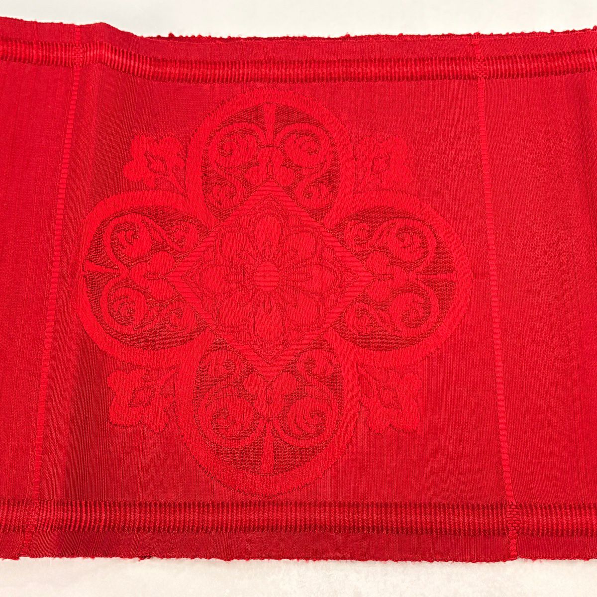 【美品】名古屋帶 優品級 松樹葉仕立 八寸名古屋帶 紬織織 華紋 縞 金糸 紅 純蠶絲