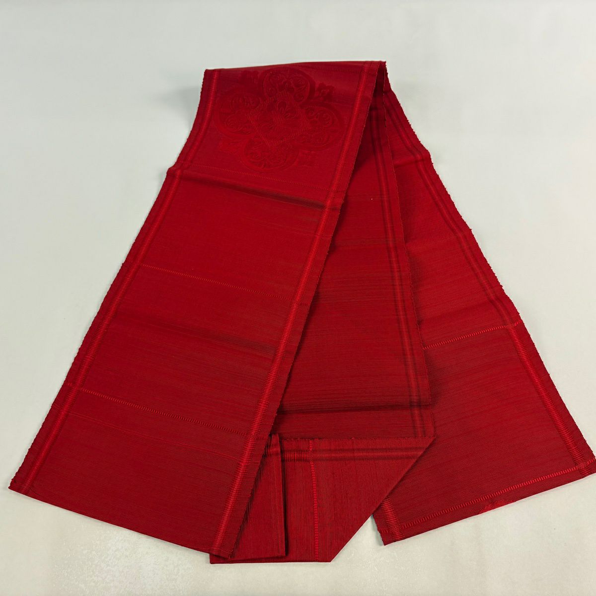 【美品】名古屋帶 優品級 松樹葉仕立 八寸名古屋帶 紬織織 華紋 縞 金糸 紅 純蠶絲