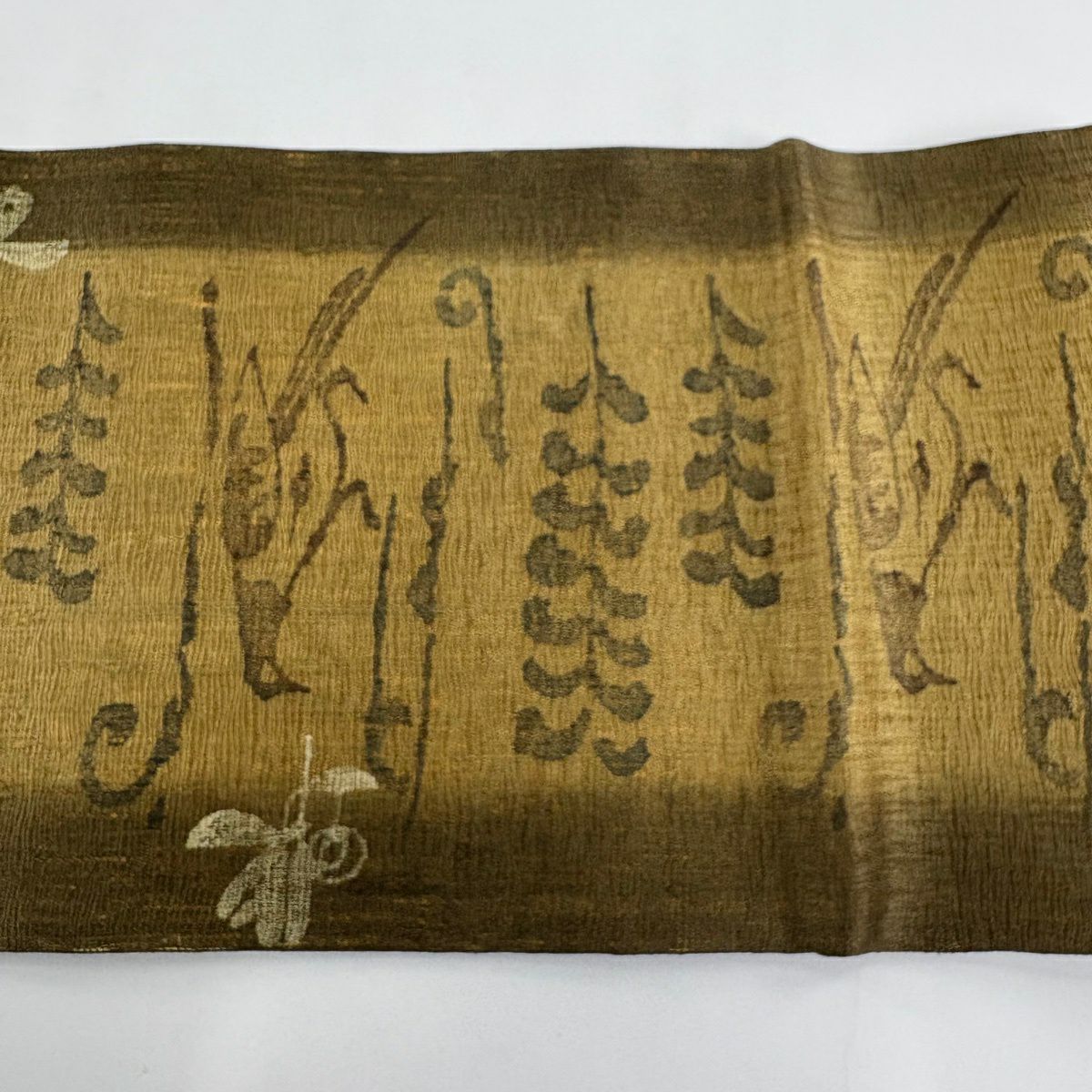 【美品】 袋帶 名品級 鳥 葉紋 山吹茶 純蠶絲