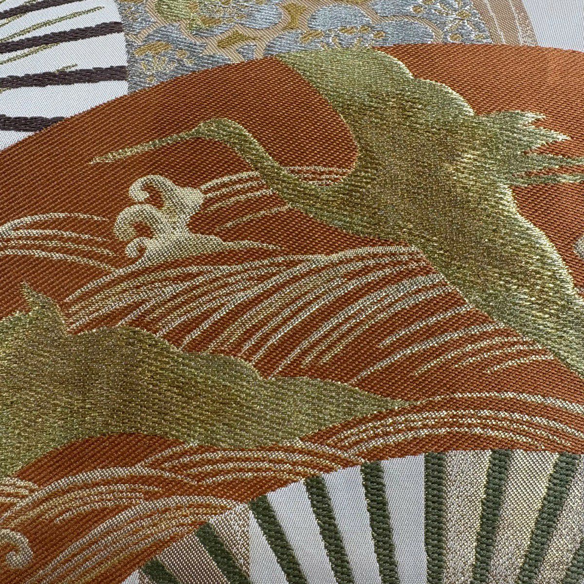 【美品】 袋帶 名品級 川島織物 落款あり 關西仕立 雙層 扇子 松樹竹子梅花 金銀彩 金金箔 奶油 六通 純蠶絲