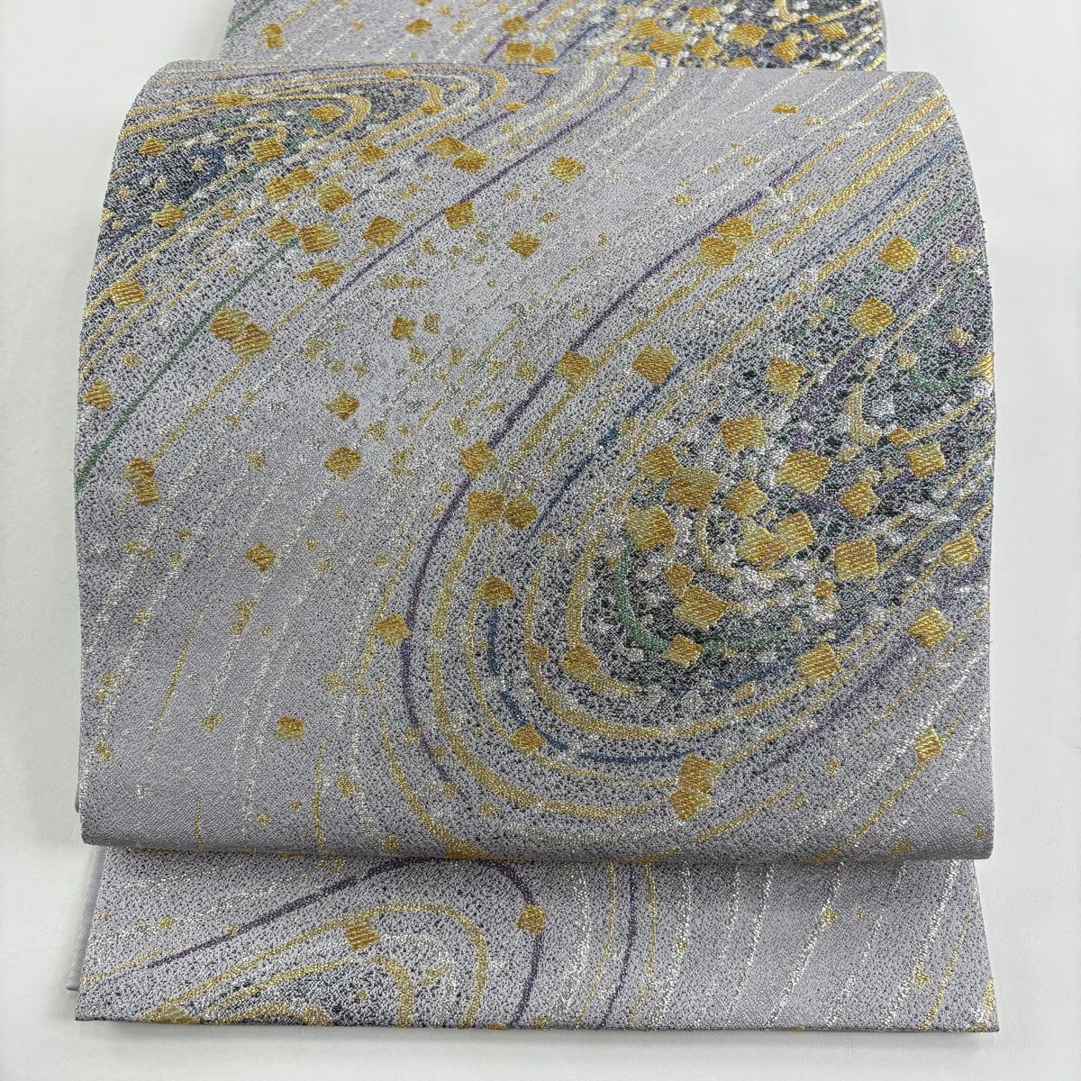 【美品】 袋帶 名品級 金金箔散布 流水 金絲 金金箔 淺紫 六通 純蠶絲