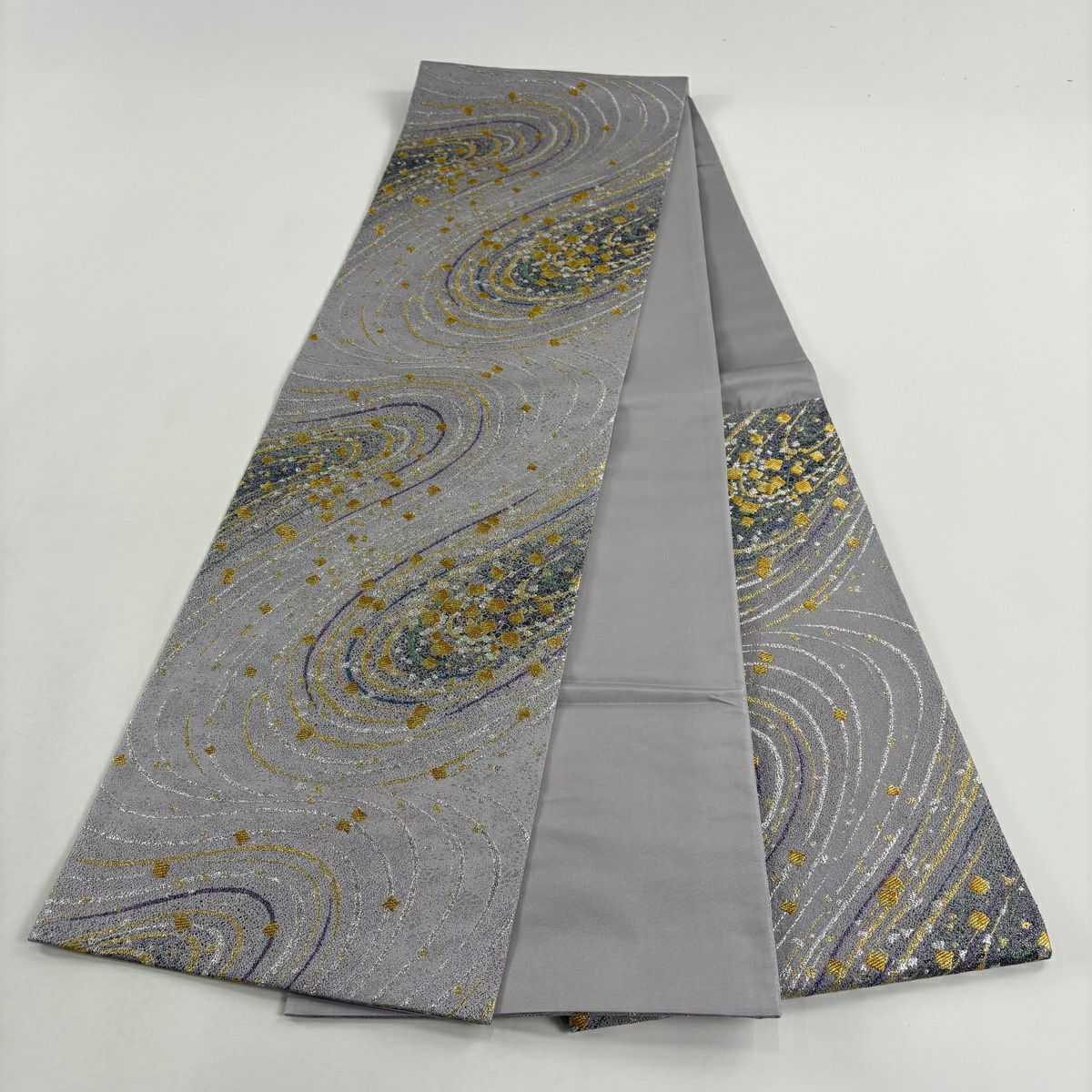 【美品】 袋帶 名品級 金金箔散布 流水 金絲 金金箔 淺紫 六通 純蠶絲