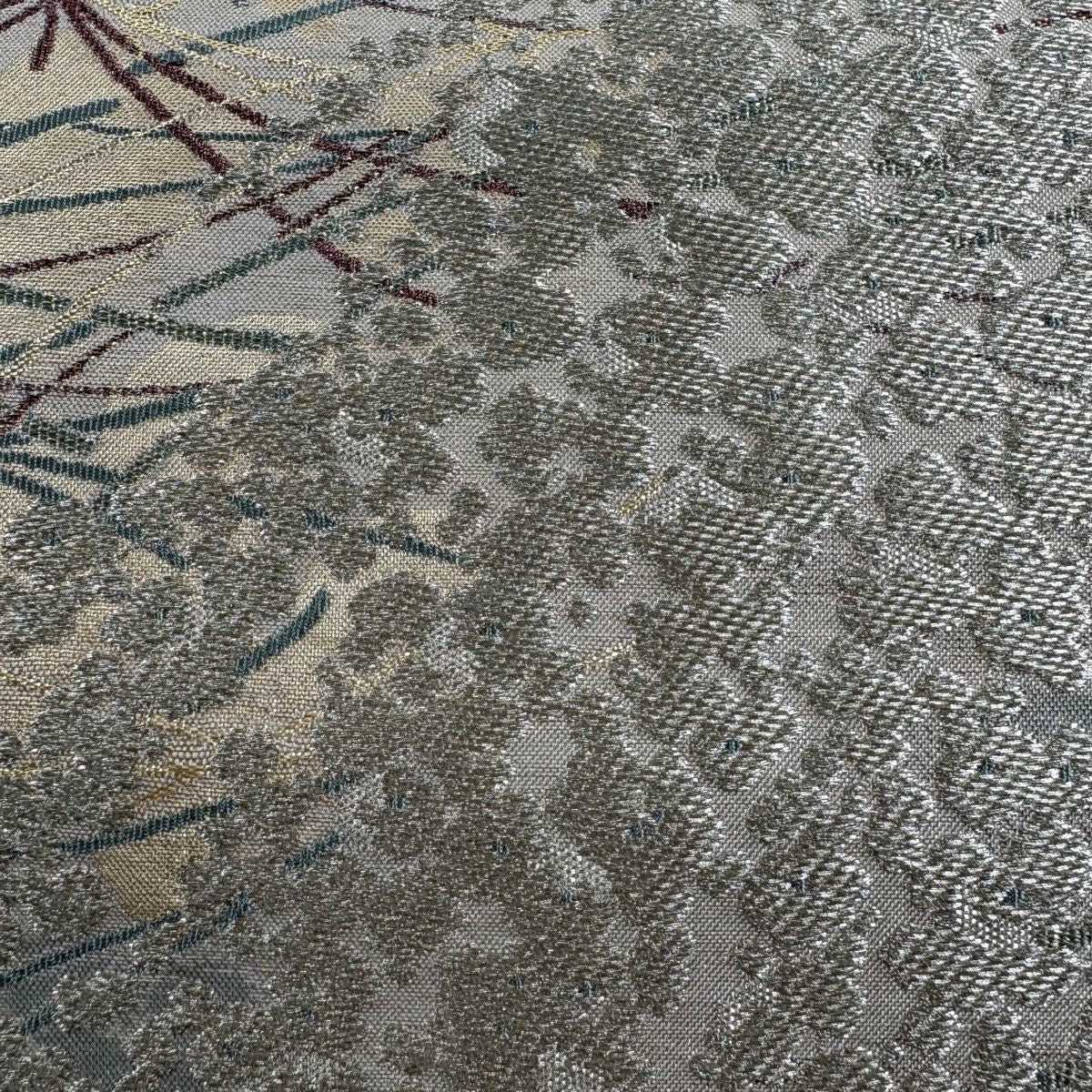 【美品】 袋帶 名品級 關西仕立 枝花 松樹葉 金絲 米色 六通 純蠶絲