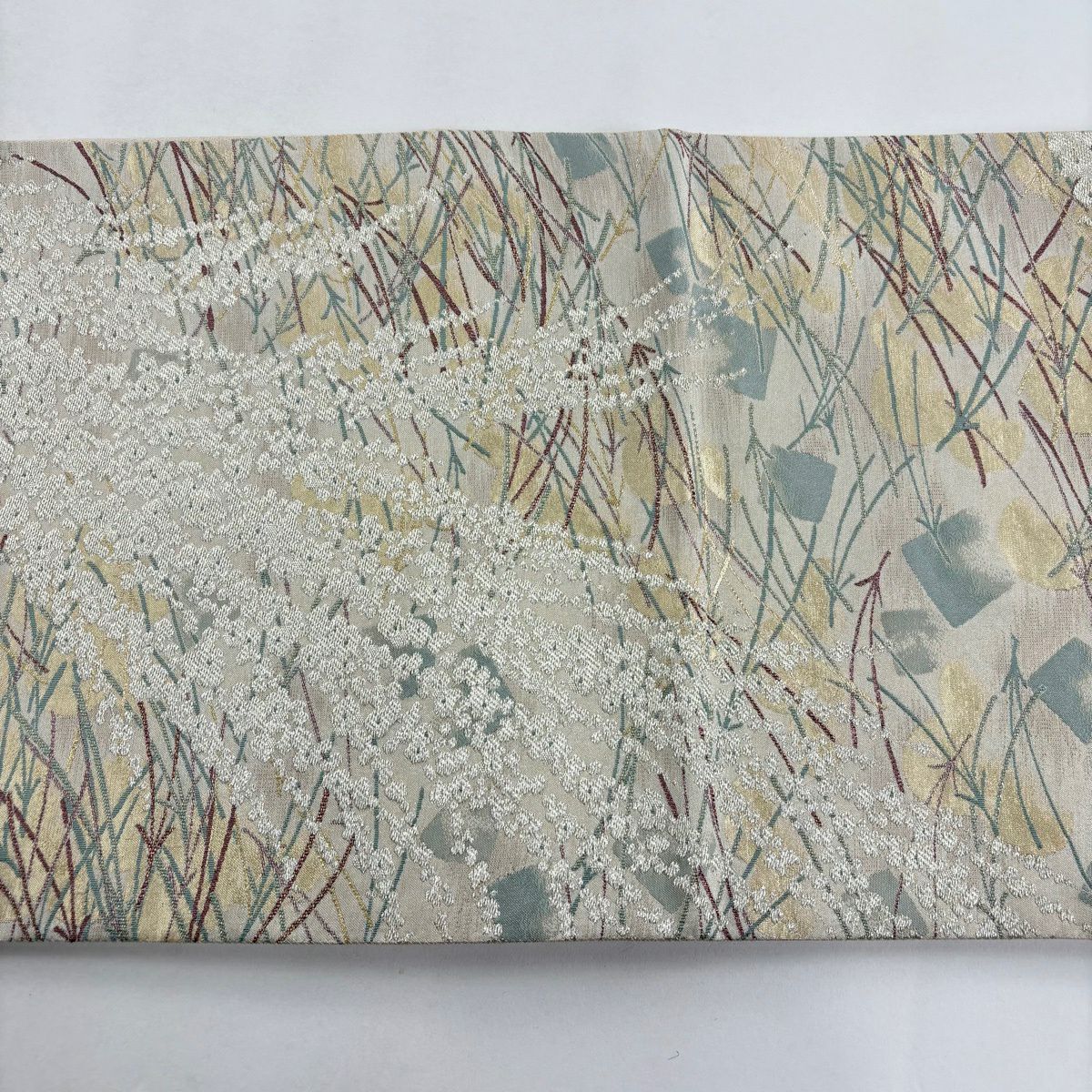 【美品】 袋帶 名品級 關西仕立 枝花 松樹葉 金絲 米色 六通 純蠶絲