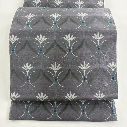 袋帶 名品級 花 幾何圖案 灰紫 六通 純蠶絲