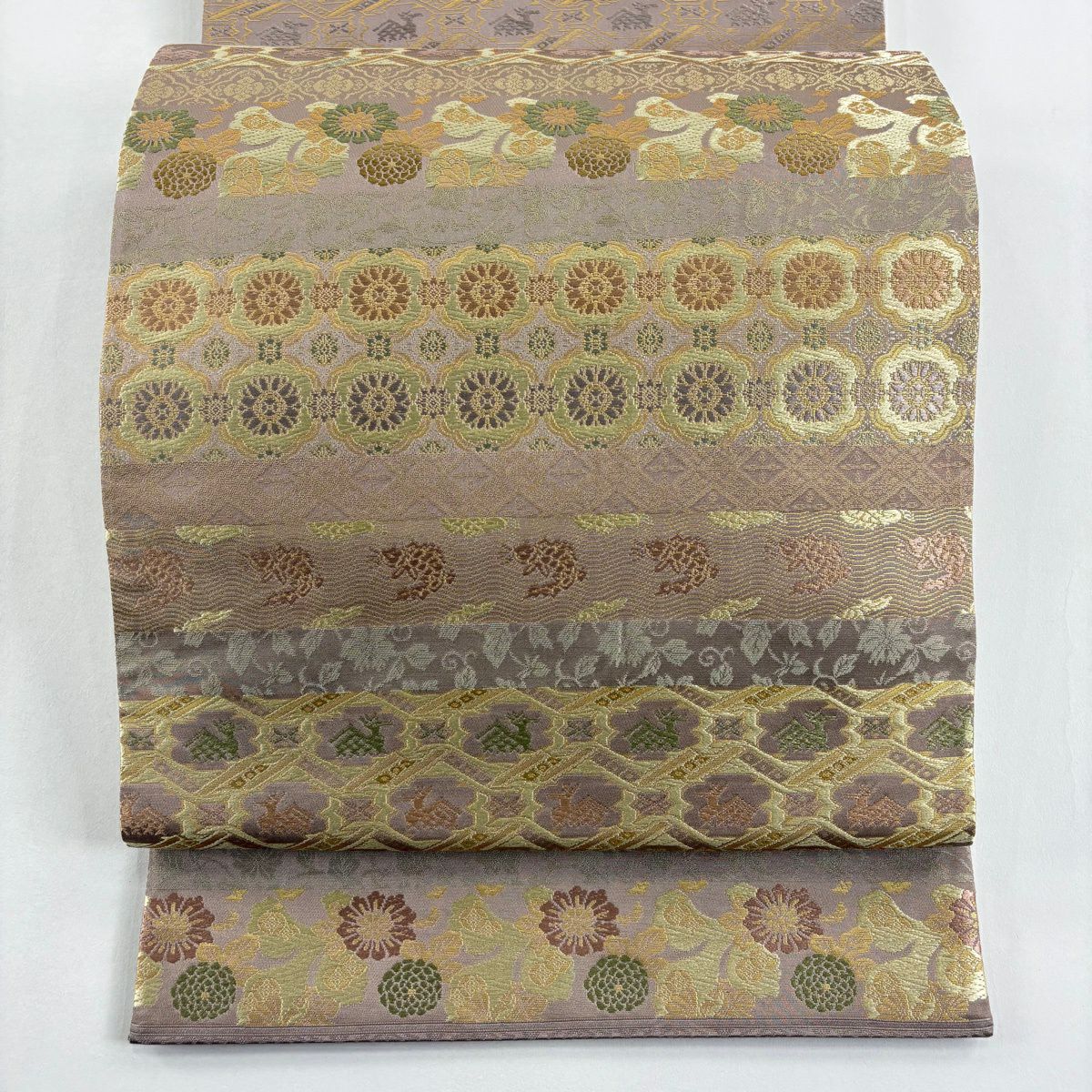 【美品】 袋帶 名品級 證書齊全 有栖川 荒磯 金金箔 唐織 灰茶 全通 純蠶絲