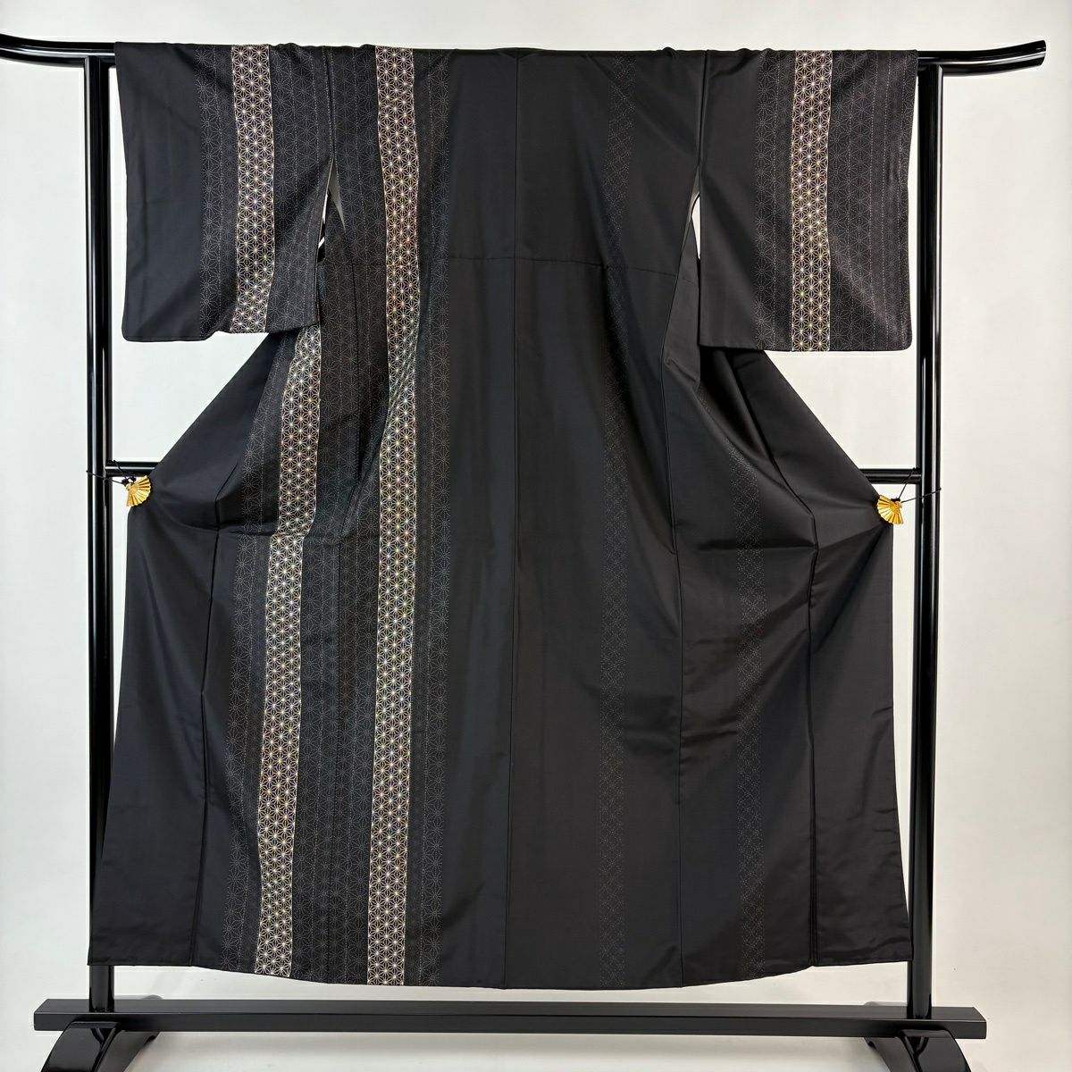 付下 身長152.5cm 袖長62cm S 雙層 大島紬織地 麻葉刺繡 黑 純蠶絲 逸品級