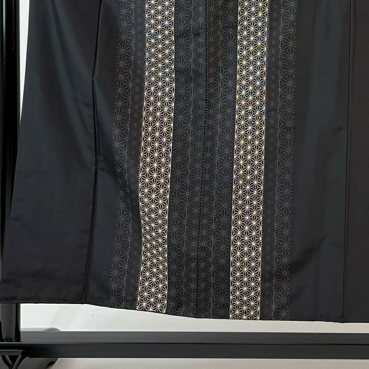 付下 身長152.5cm 袖長62cm S 雙層 大島紬織地 麻葉刺繡 黑 純蠶絲 逸品級