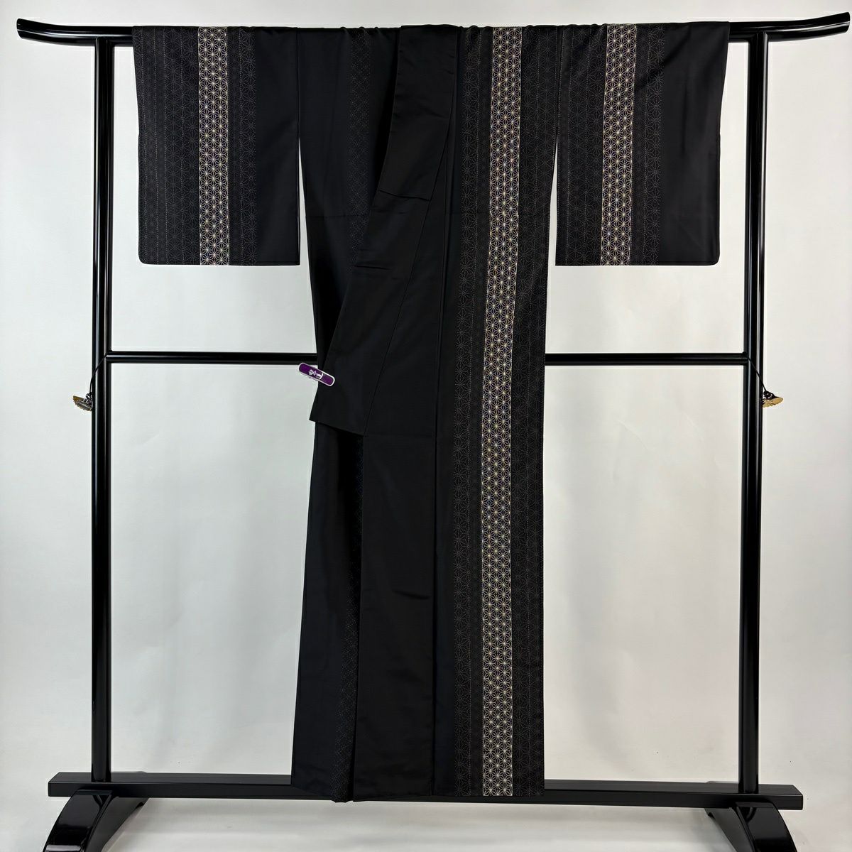 付下 身長152.5cm 袖長62cm S 雙層 大島紬織地 麻葉刺繡 黑 純蠶絲 逸品級