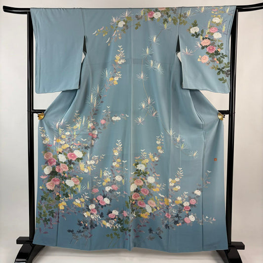 訪問服 身長163.5cm 袖長64cm M 雙層 落款 菊花 若松樹 漸層 水色 純蠶絲 逸品級