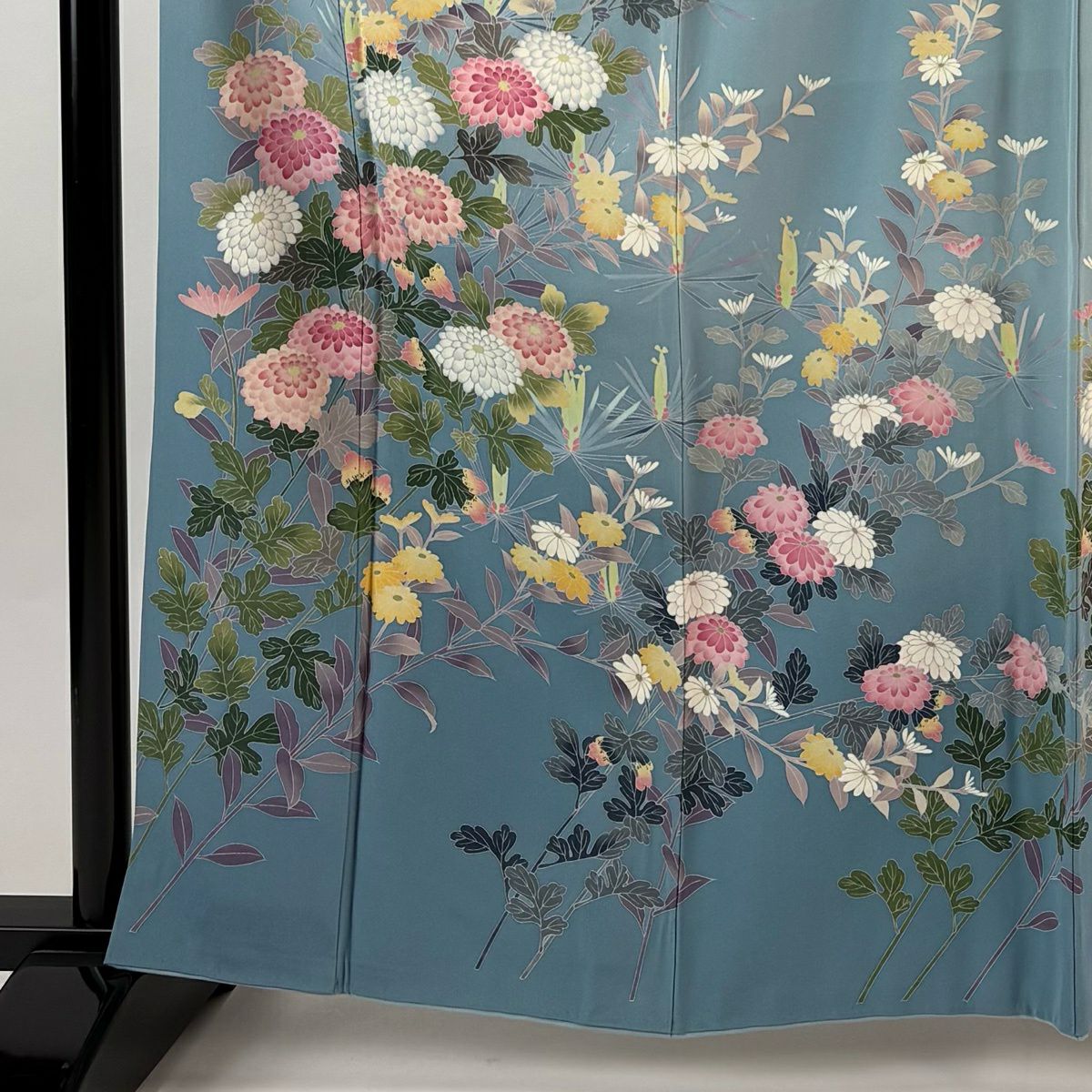 訪問服 身長163.5cm 袖長64cm M 雙層 落款 菊花 若松樹 漸層 水色 純蠶絲 逸品級
