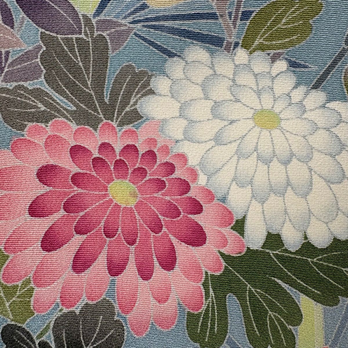 訪問服 身長163.5cm 袖長64cm M 雙層 落款 菊花 若松樹 漸層 水色 純蠶絲 逸品級
