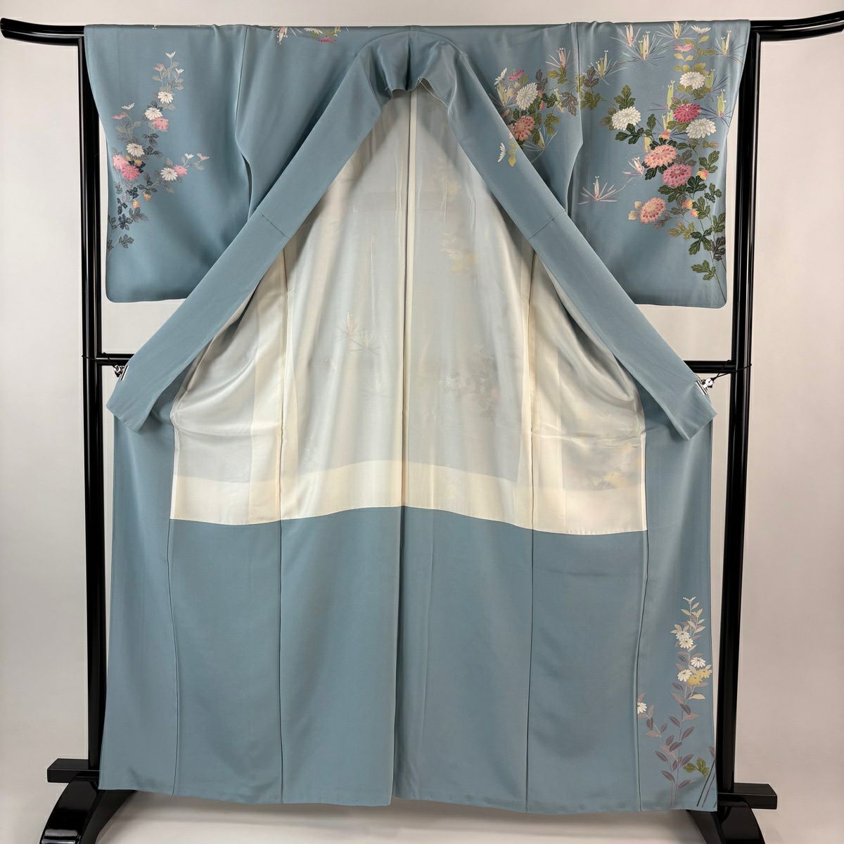 訪問服 身長163.5cm 袖長64cm M 雙層 落款 菊花 若松樹 漸層 水色 純蠶絲 逸品級