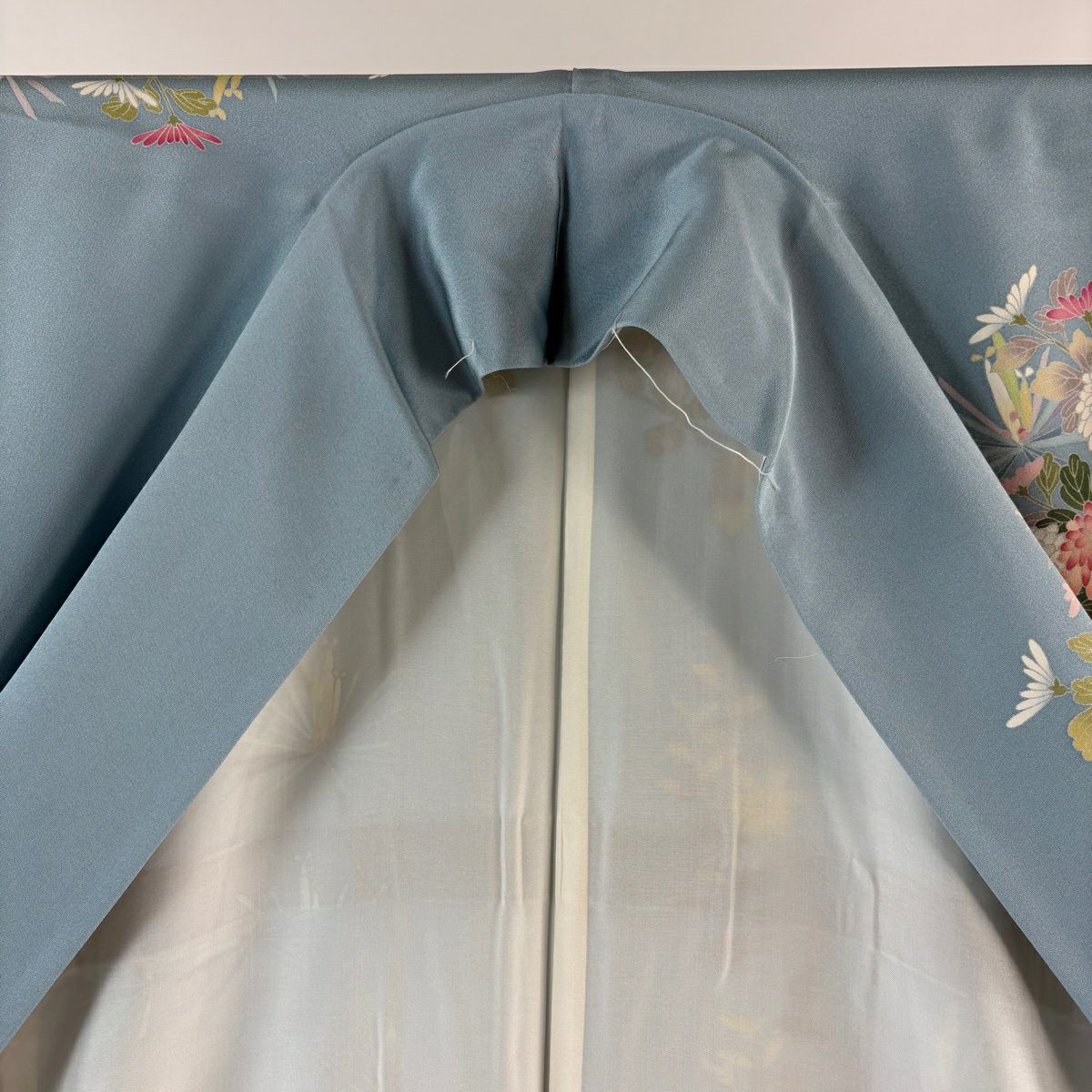 訪問服 身長163.5cm 袖長64cm M 雙層 落款 菊花 若松樹 漸層 水色 純蠶絲 逸品級