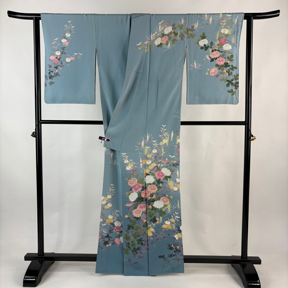 訪問服 身長163.5cm 袖長64cm M 雙層 落款 菊花 若松樹 漸層 水色 純蠶絲 逸品級
