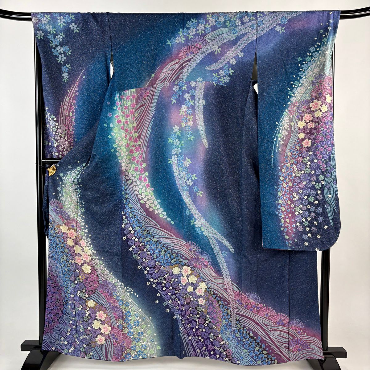 振袖禮服 身長163cm 袖長68.5cm L 雙層 樱花 樱花花瓣 金通 金染 藍紫 純蠶絲 精品