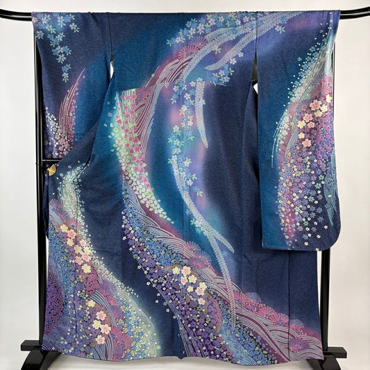 振袖禮服 身長163cm 袖長68.5cm L 雙層 樱花 樱花花瓣 金通 金染 藍紫 純蠶絲 精品