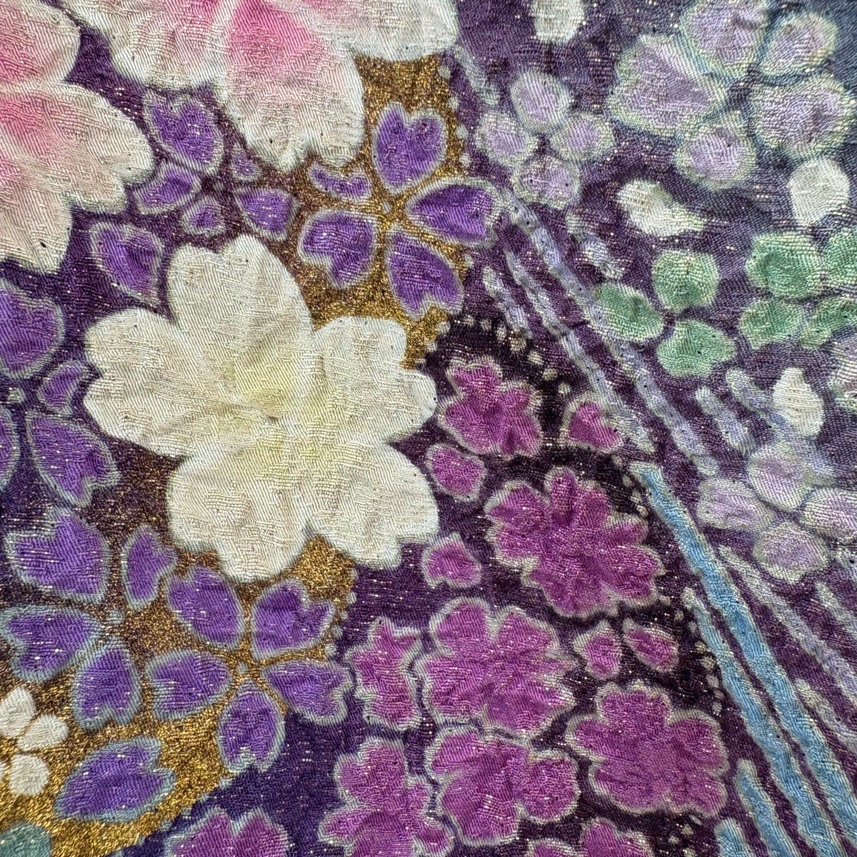 振袖禮服 身長163cm 袖長68.5cm L 雙層 樱花 樱花花瓣 金通 金染 藍紫 純蠶絲 精品