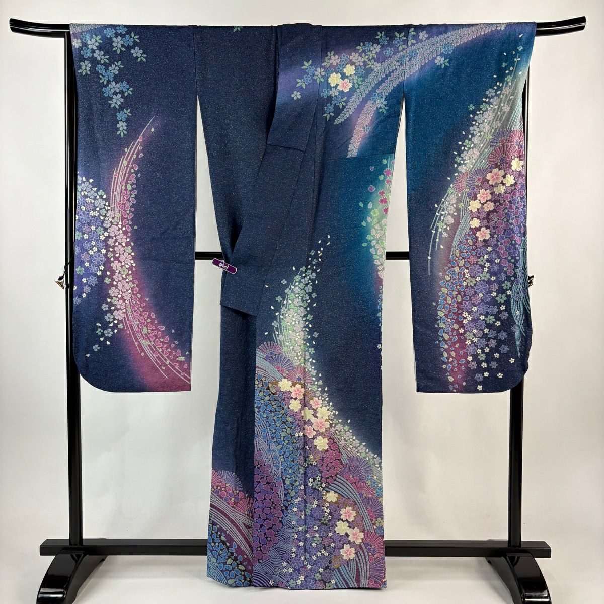 振袖禮服 身長163cm 袖長68.5cm L 雙層 樱花 樱花花瓣 金通 金染 藍紫 純蠶絲 精品