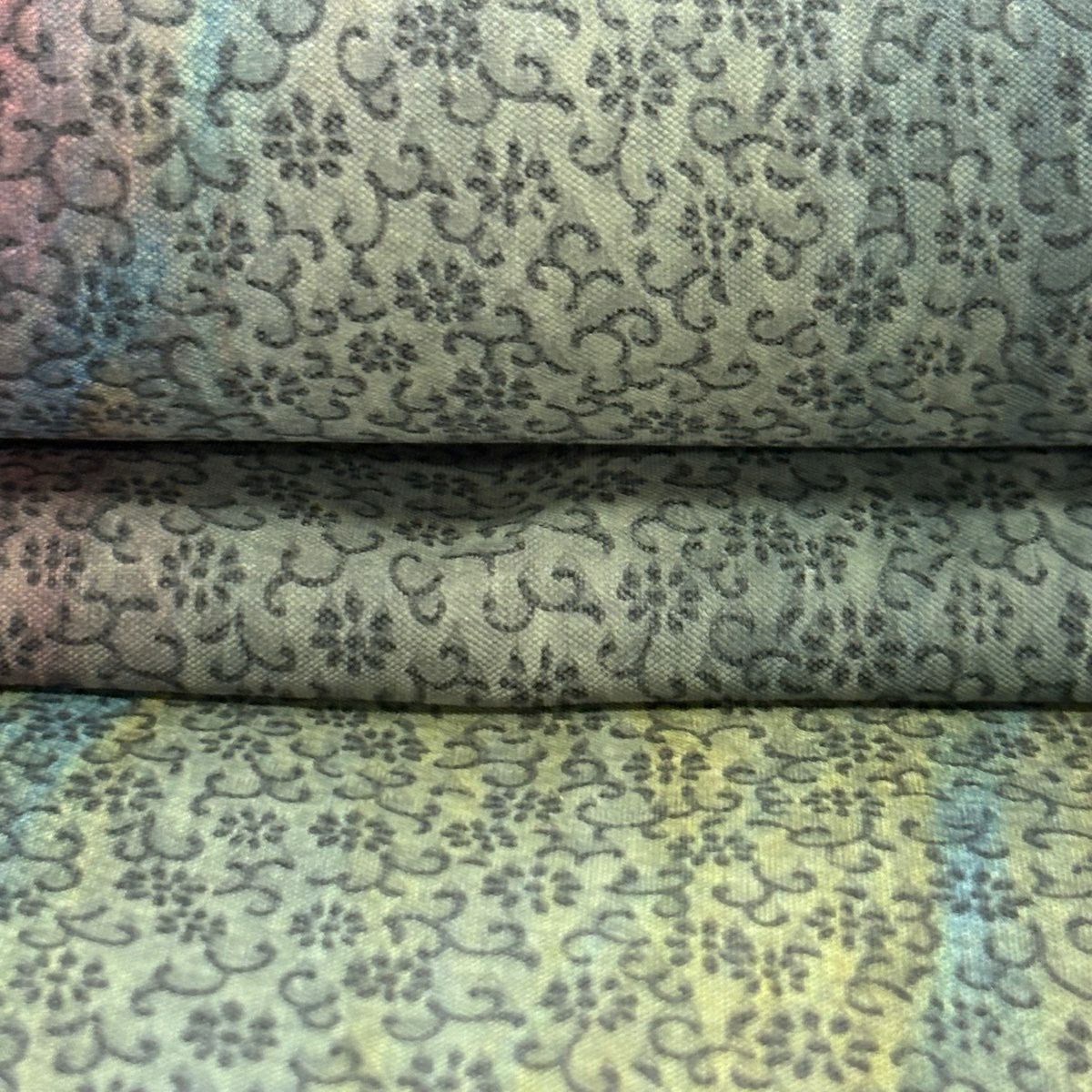 【美品】 袋帶 逸品級 山岡古都 落款あり 雙面 花唐草紋 染分 漸變 灰綠 全通 純蠶絲