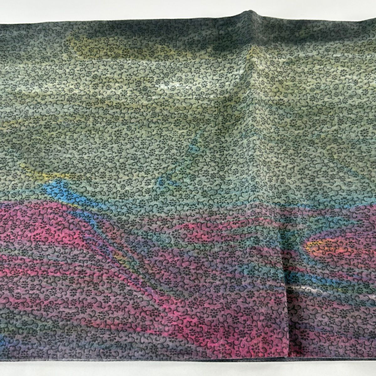 【美品】 袋帶 逸品級 山岡古都 落款あり 雙面 花唐草紋 染分 漸變 灰綠 全通 純蠶絲