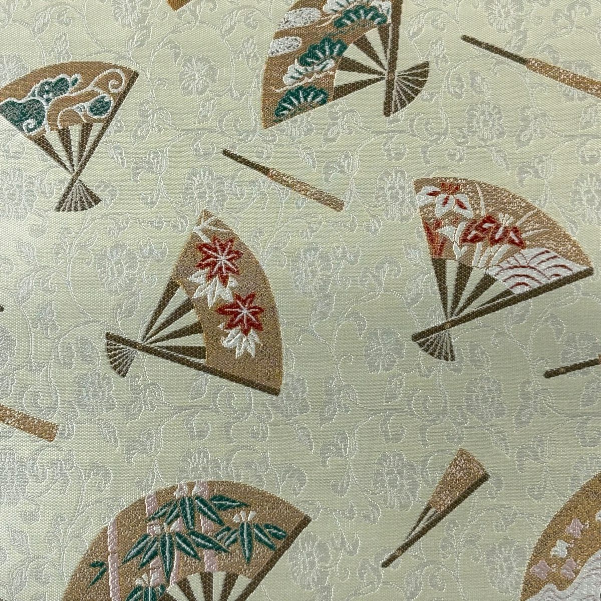 【美品】 袋帶 逸品級 落款あり 小森草木染工房 金銀彩扇子文 花唐草紋 金絲 奶油 全通 純蠶絲