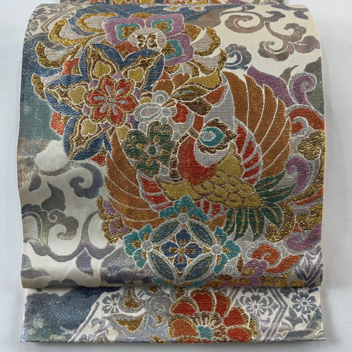 【美品】 袋帶 逸品級 じゅらく 落款あり 鳳凰 花唐草紋 金銀彩 金金箔 奶油 六通 純蠶絲