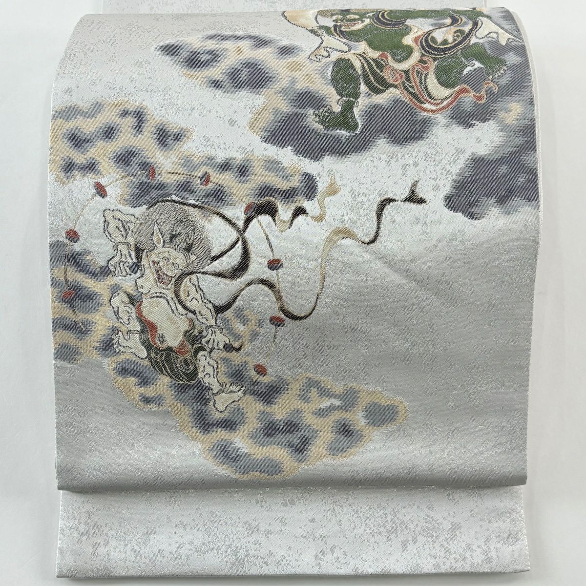 袋帶 逸品級 風神雷神 雲文 金絲 金金箔 灰白 お太鼓柄 純蠶絲