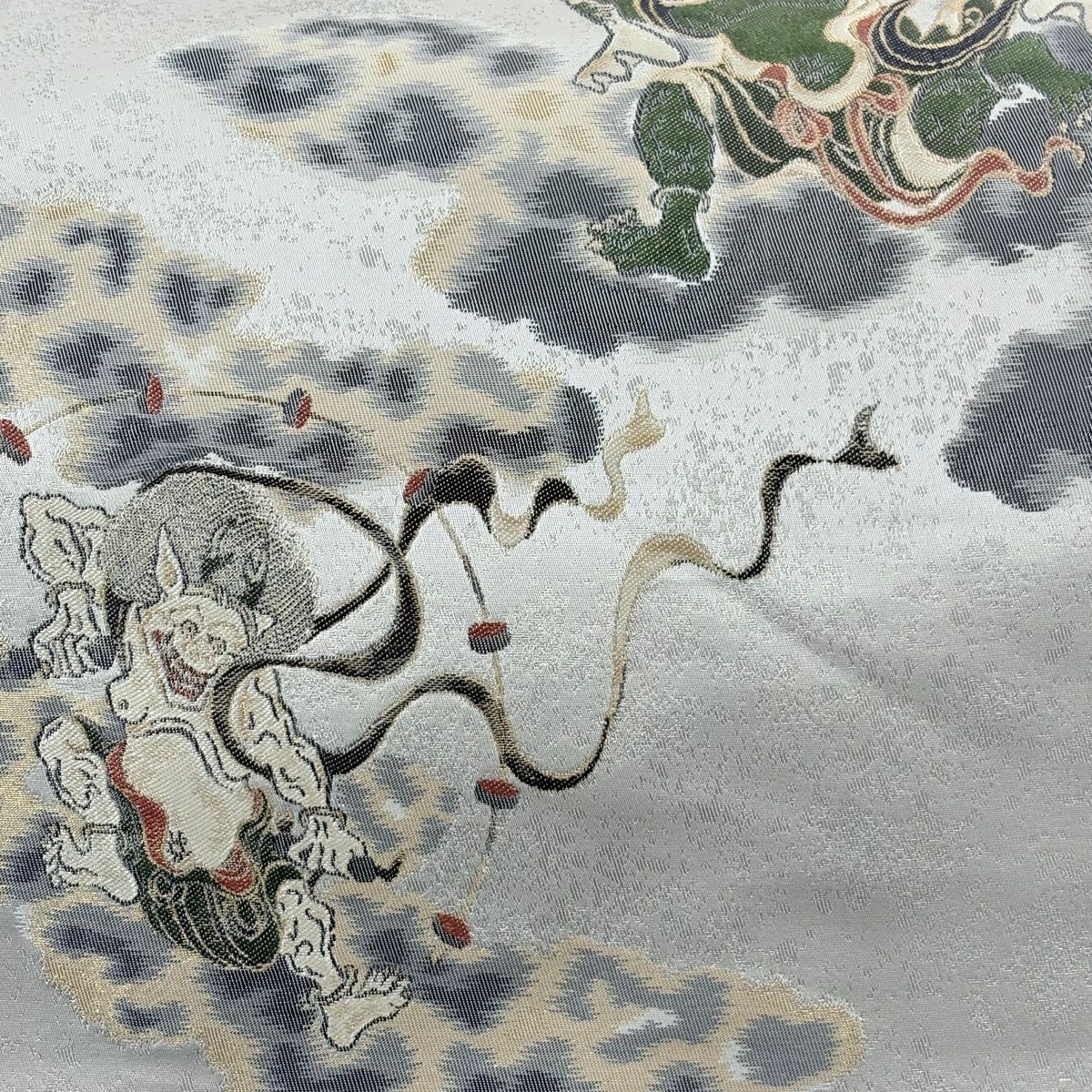 袋帶 逸品級 風神雷神 雲文 金絲 金金箔 灰白 お太鼓柄 純蠶絲