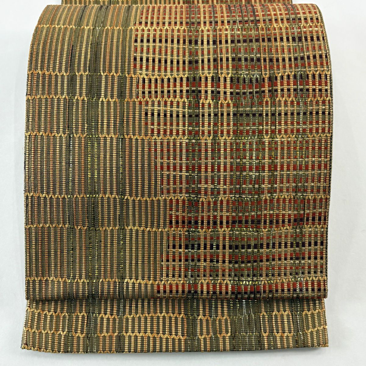 【美品】 袋帶 逸品級 證書齊全 博多織 幾何圖案 金金箔 茶綠 六通 純蠶絲