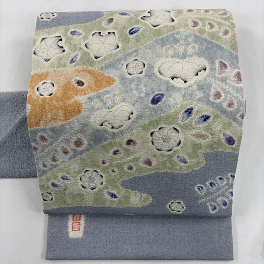 【美品】 名古屋帶 秀品級 落款 草花紋 霞 漸層 青灰色 純蠶絲
