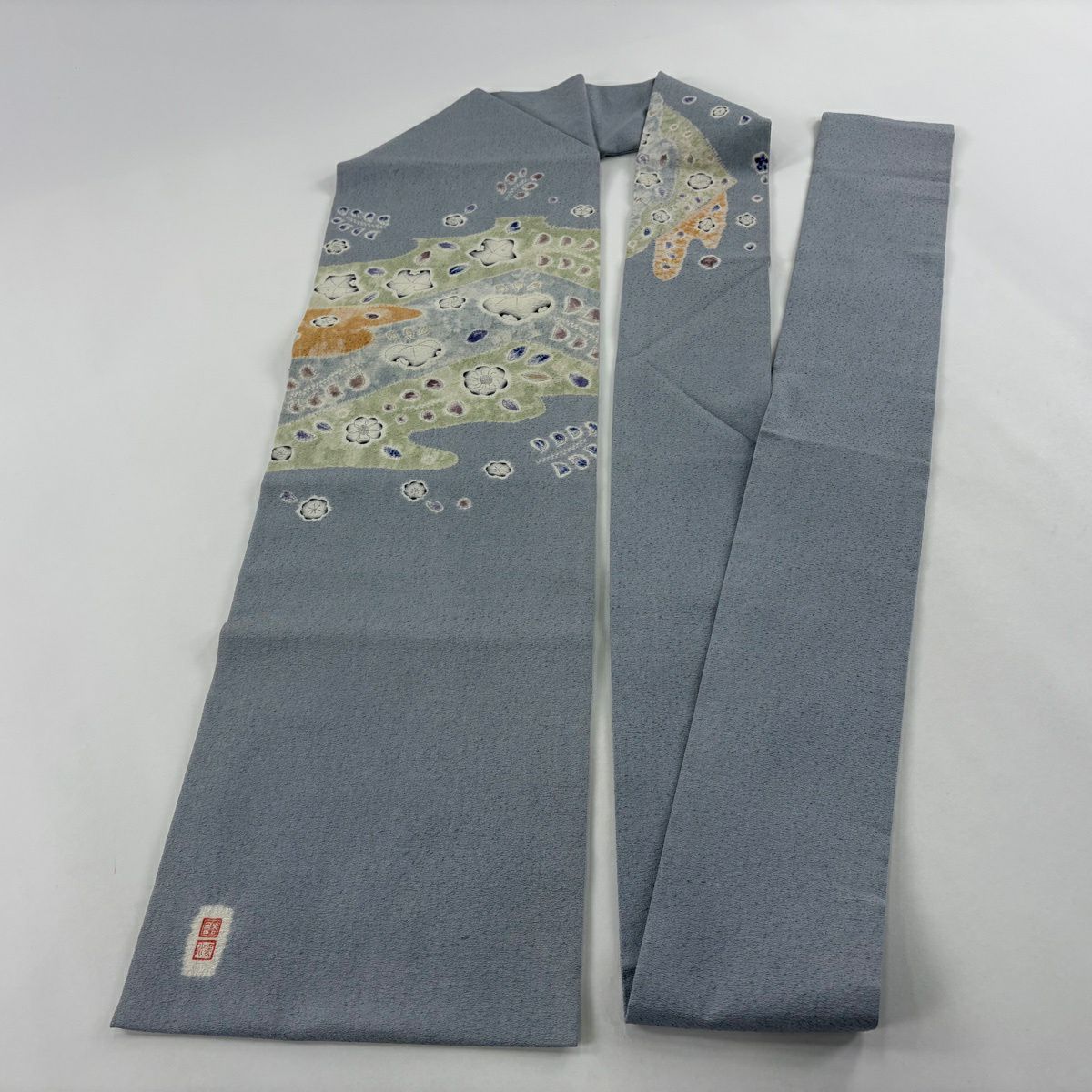 【美品】 名古屋帶 秀品級 落款 草花紋 霞 漸層 青灰色 純蠶絲
