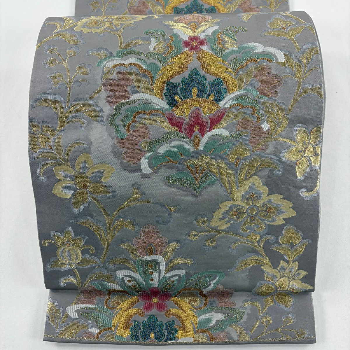 【美品】 袋帶 秀品級 關西仕立 草花紋 唐草紋 金絲 金金箔 灰色 六通 純蠶絲
