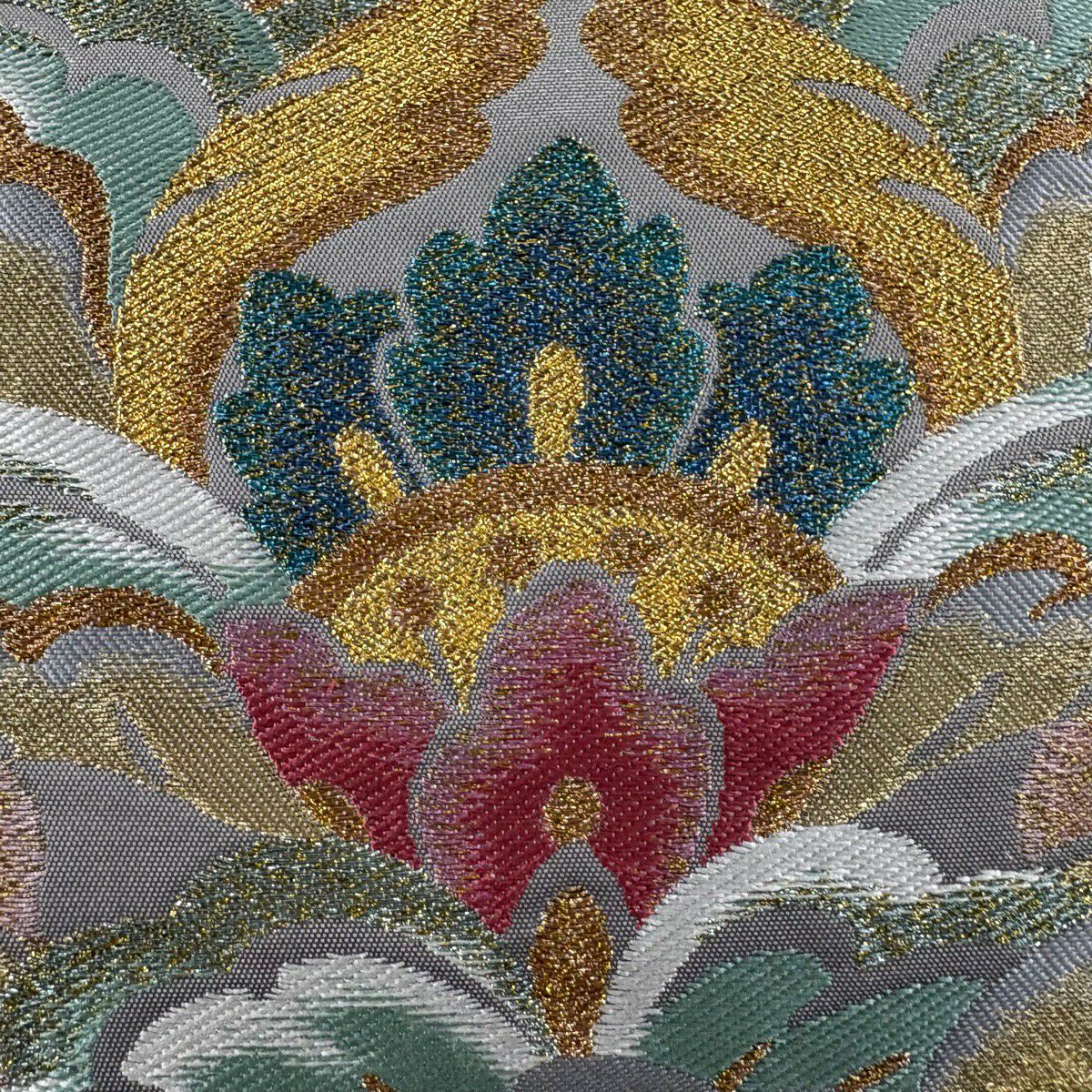 【美品】 袋帶 秀品級 關西仕立 草花紋 唐草紋 金絲 金金箔 灰色 六通 純蠶絲