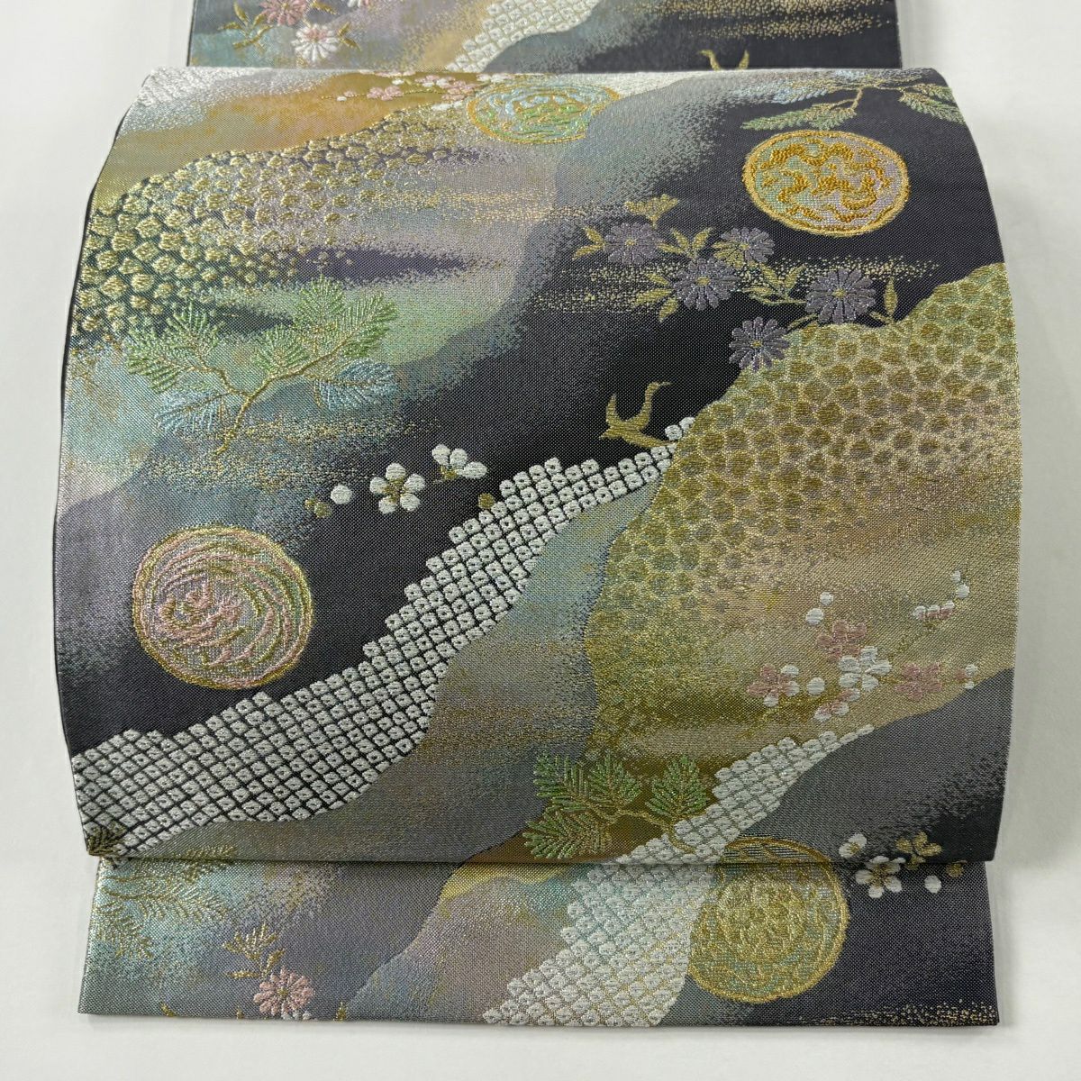 袋帶 秀品級 花鳥 道長取 金金箔 金絲 紫色 六通 純蠶絲