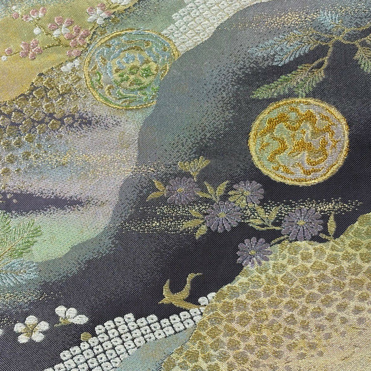 袋帶 秀品級 花鳥 道長取 金金箔 金絲 紫色 六通 純蠶絲