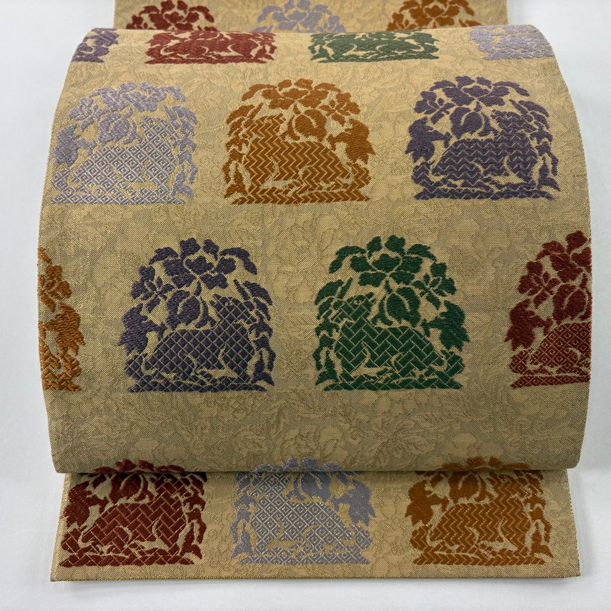 【美品】 袋帶 秀品級 關西仕立 草花紋紋 動物 金金箔 金通 黃土 深色 全通 純蠶絲