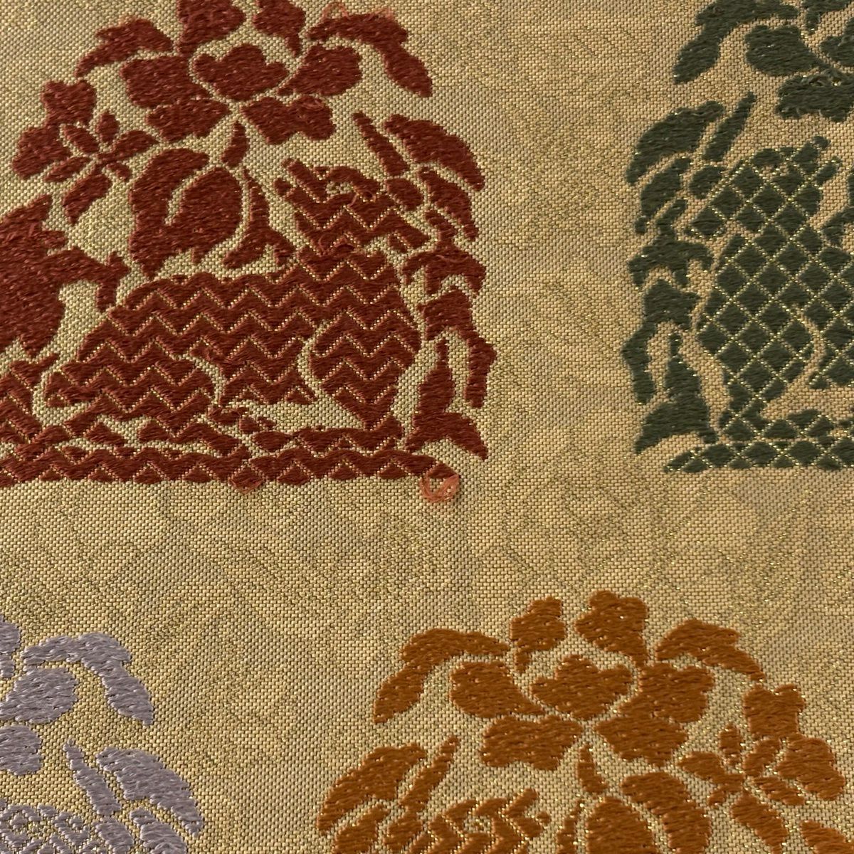【美品】 袋帶 秀品級 關西仕立 草花紋紋 動物 金金箔 金通 黃土 深色 全通 純蠶絲