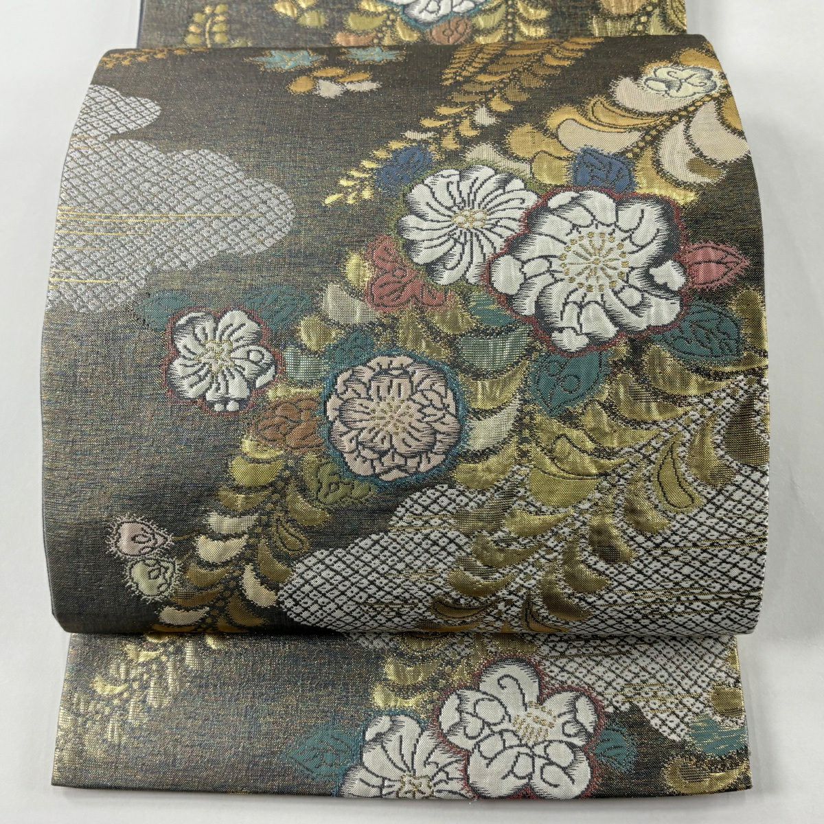 【美品】 袋帶 秀品級 草花紋紋 雲文 金金箔 灰綠 六通 純蠶絲