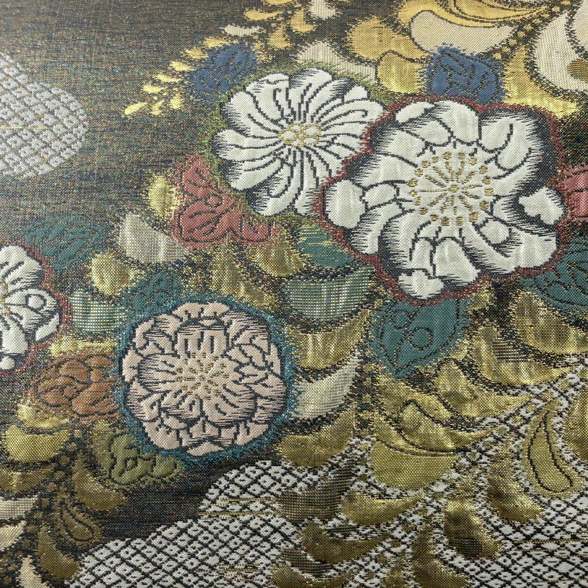 【美品】 袋帶 秀品級 草花紋紋 雲文 金金箔 灰綠 六通 純蠶絲