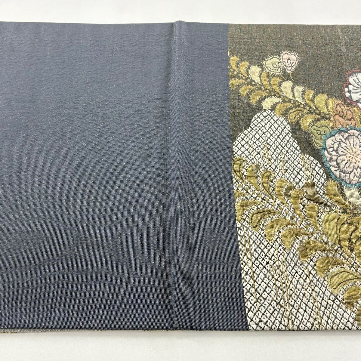 【美品】 袋帶 秀品級 草花紋紋 雲文 金金箔 灰綠 六通 純蠶絲