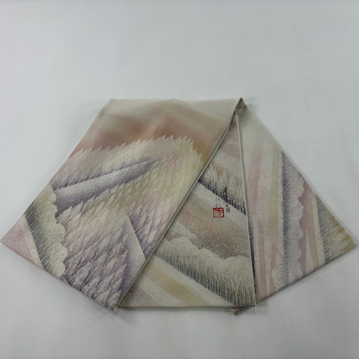 【美品】 袋帶 秀品級 落款あり 樹木 金銀通し 漸層 灰白 六通 純蠶絲