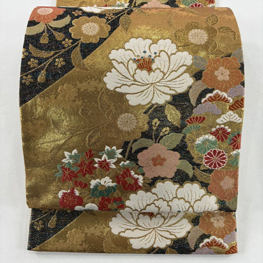袋帶 秀品級 牡丹 花丸紋 唐織 金金箔 金色 六通 純蠶絲