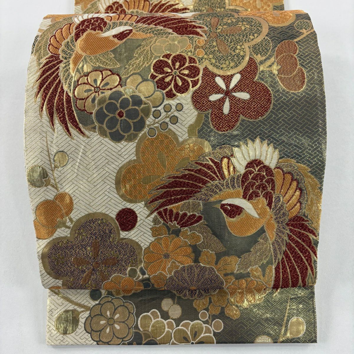袋帶 秀品級 鳳凰 梅花 金金箔 金絲 奶油 六通 純蠶絲